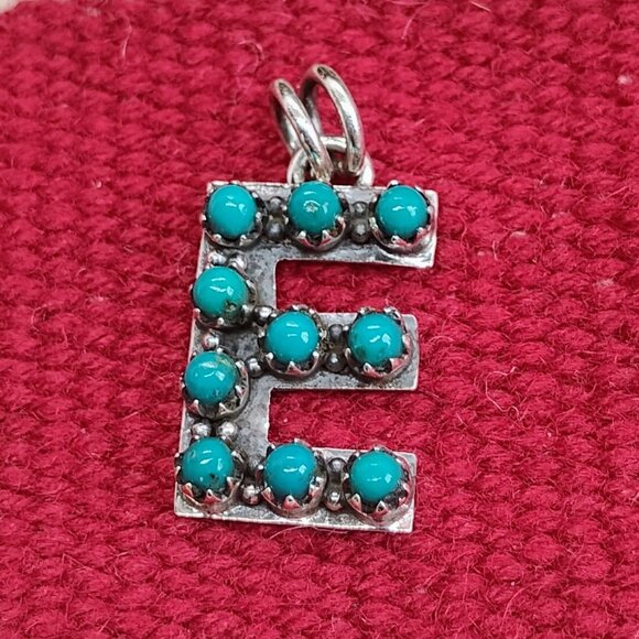 Southwest Sterling Silver Petit Point Turquoise Initial Letter E Pendant - Picture 1 of 6